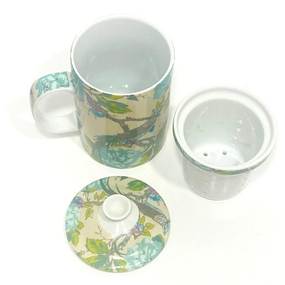 World Market Ceramic Tea Cup Lid & Infuser Basket Asian Peacock Floral 3 Pc - Picture 11 of 11